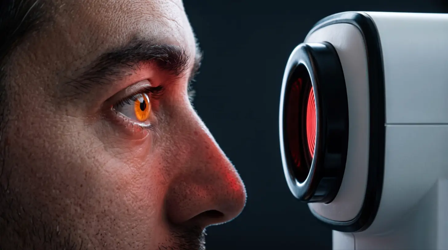 Ein Mann im Profil vor einem Messgerät, das sein Auge vermisst